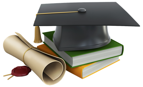 Picture of a graduation cap on top of a stack of books next to a diploma 